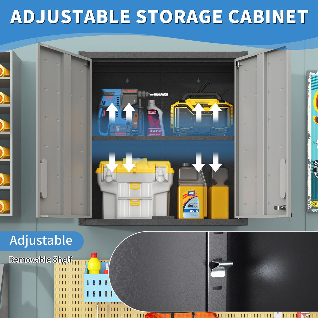 Metal Wall Mounted Tool Storage Cabinet With 2 Locking Doors, Adjustable Shelf, And Drawer