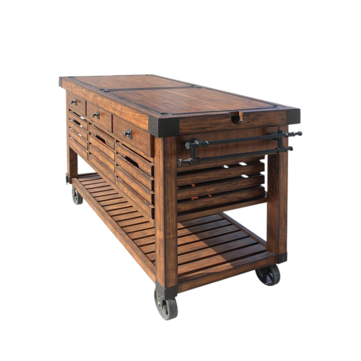 Distressed Chestnut Kitchen Cart with Storage and Casters - Chestnut