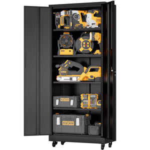 Storage Cabinet With Wheels And Lock, 4 Adjustable Shelves, 3 Point Locking Security, For Tool Organization In Garage - Black