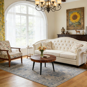 Modern Round Coffee Table - Walnut Pattern MDF And Black Metal Legs