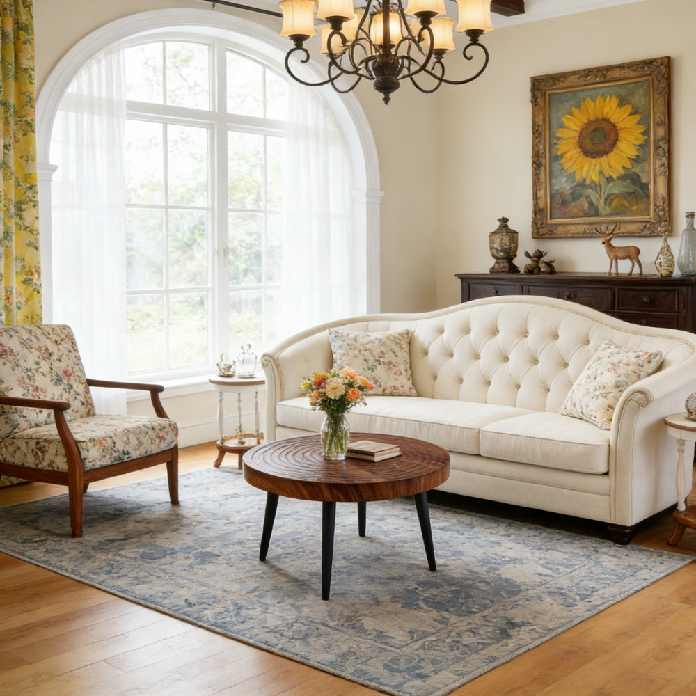 Modern Round Coffee Table - Walnut Pattern MDF And Black Metal Legs