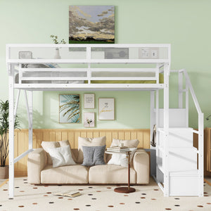 Queen Size Loft Bed with Stairs, Metal Queen Loft Bed with Storage Shelves