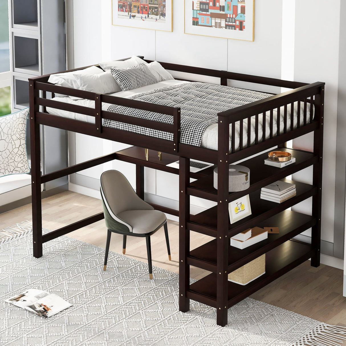 Loft Bed With Storage Shelves And Under Bed Desk