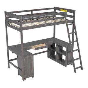 Loft Bed With U-Shaped Desk, Drawers, And Storage Shelves