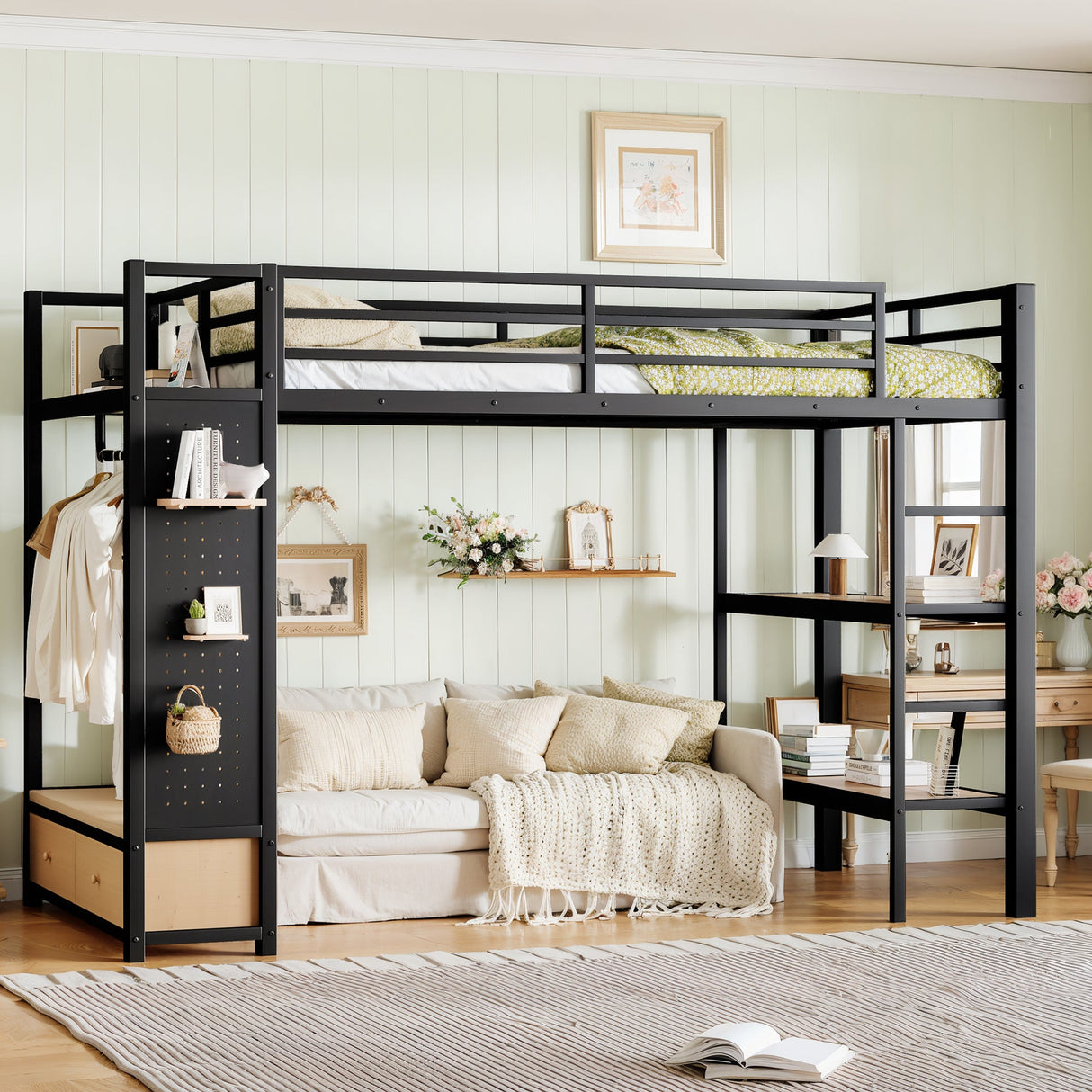 Twin XL Size Loft Bed Frame with Wardrobe and Shelves