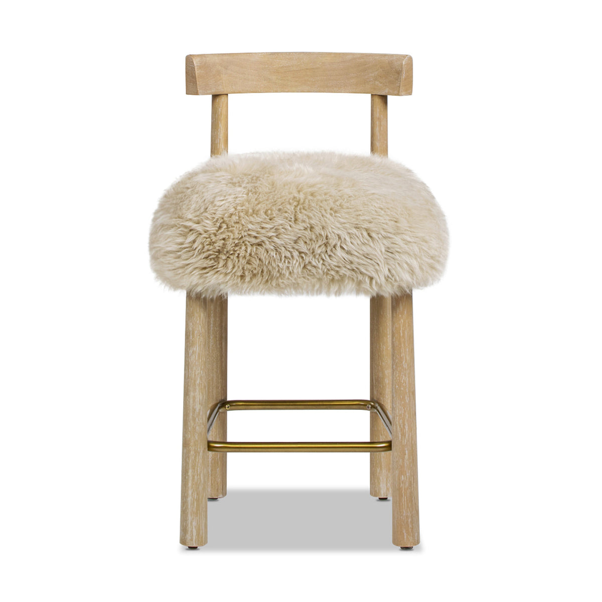Genuine Fur Counter Height Bar Stool with Brass Footrest - Light Wood