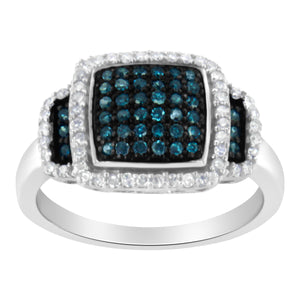 Black Rhodium Plated .925 Sterling Silver 1/2 Cttw White & Blue Diamond Square Halo Cocktail Ring (Fancy Blue & H-I Color, I2-I3 Clarity) - SIze 6