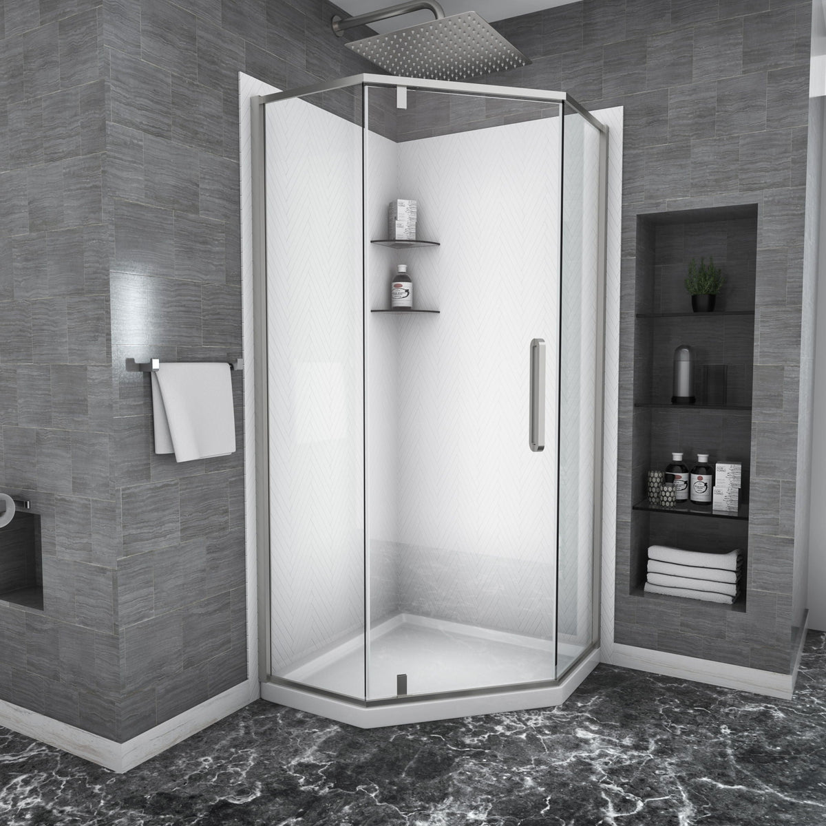 Semi Frameless Neo Angle Hinged Shower Enclosure with Clear Tempered Glass - Brushed Nickel