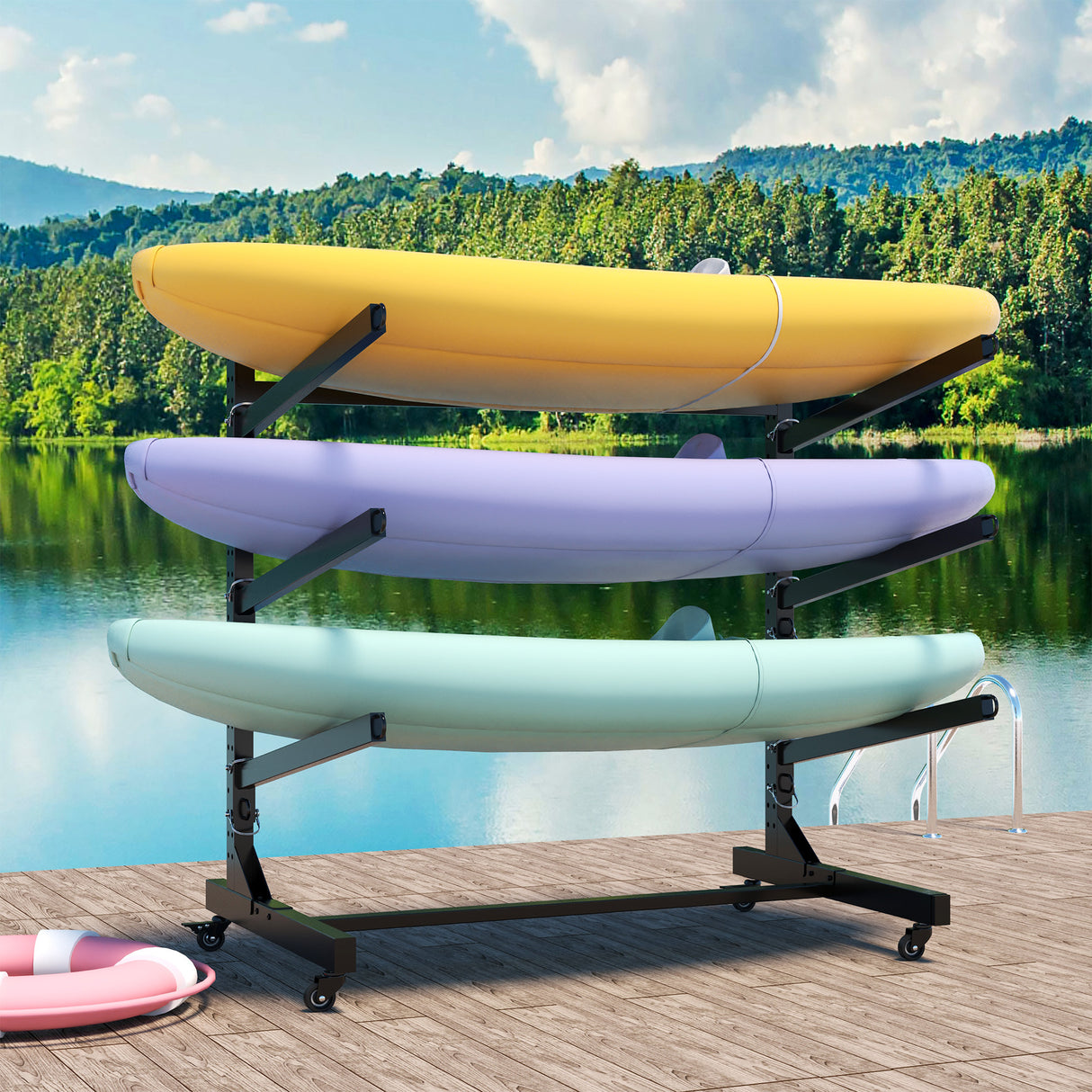 41'h freestanding kayak storage rack – holds 3 kayaks, heavy-duty adjustable stand with lockable wheels for kayak, canoe, sup & surfboard, 45.87'w*28.94'd*41'h