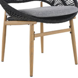Cyril Outdoor Wicker Papasan Style Dining Chair with Teak Finished Leg and Dark Gray Faux Rattan - Set of 2