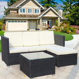 5-Piece Black & Beige PE Rattan Outdoor Patio Furniture Set with Ottoman & Table