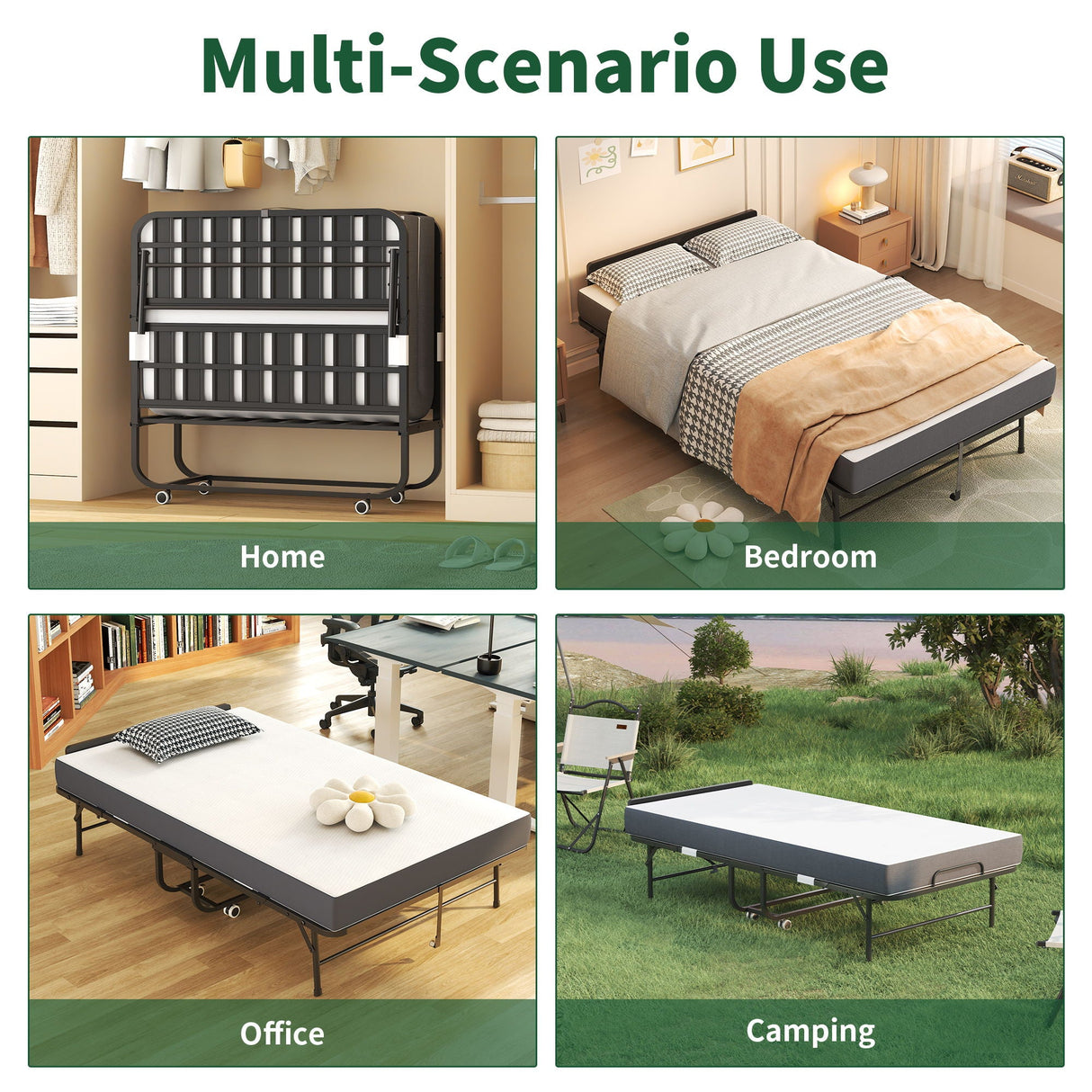 Twin Extra Long Folding Bed With Adjustable Headboard, Cot With Memory Foam Mattress - Black