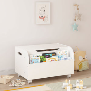 Toy Box With 4 Universal Wheels, Kids Playroom Storage Organizer With Front Bookshelf, Flip Top Lid, Safety Hinge - White