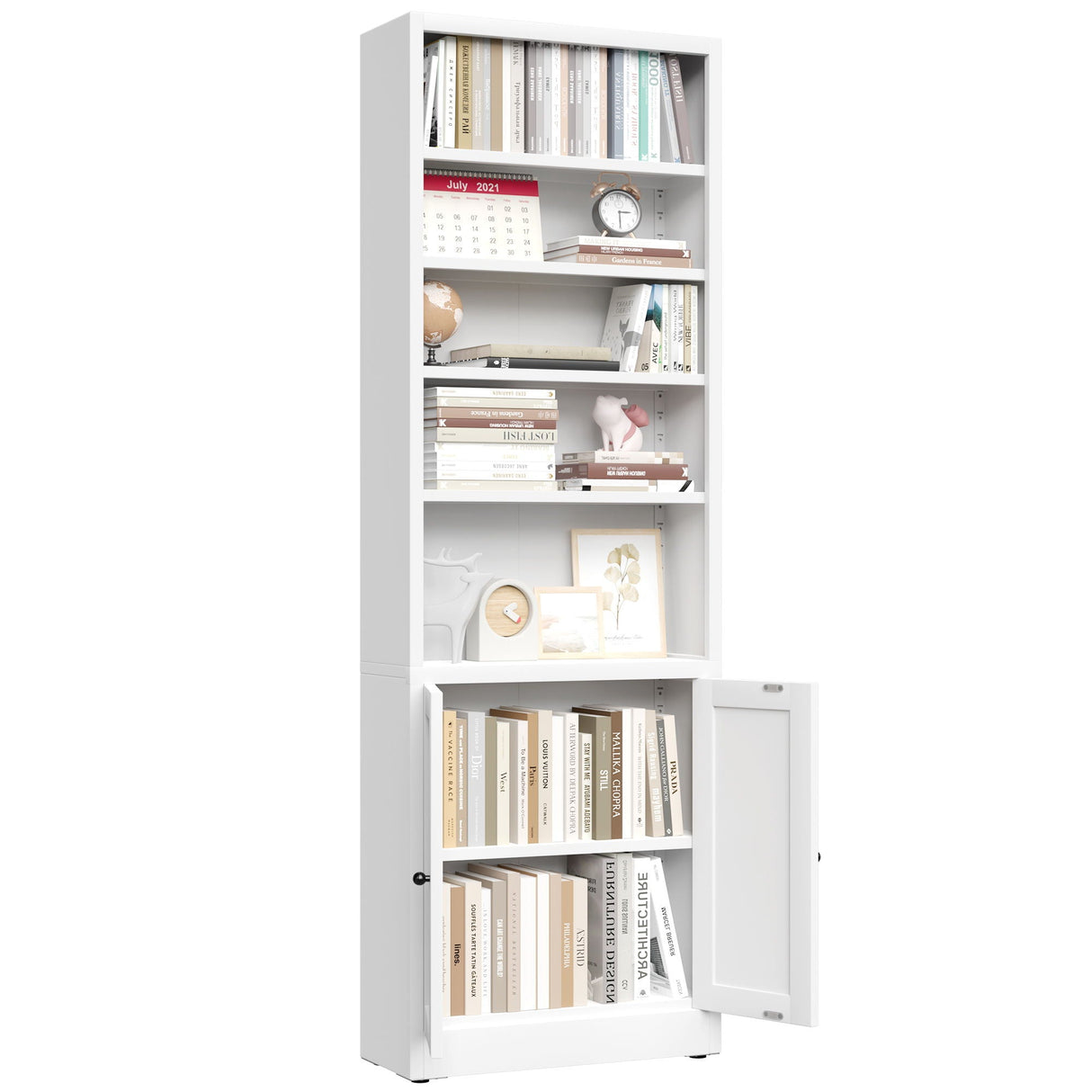 Bookcase Tall 5-Tier Adjustable Storage Shelf With Door Deep - White