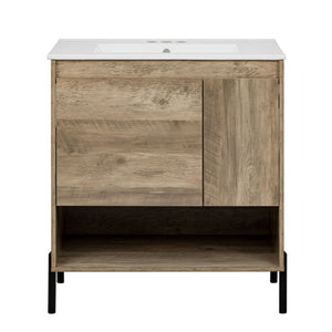 Bathroom Vanity Cabinet With Sink, Sliding Drawer, Soft Closing Door, Open Shelf - Natural Wood