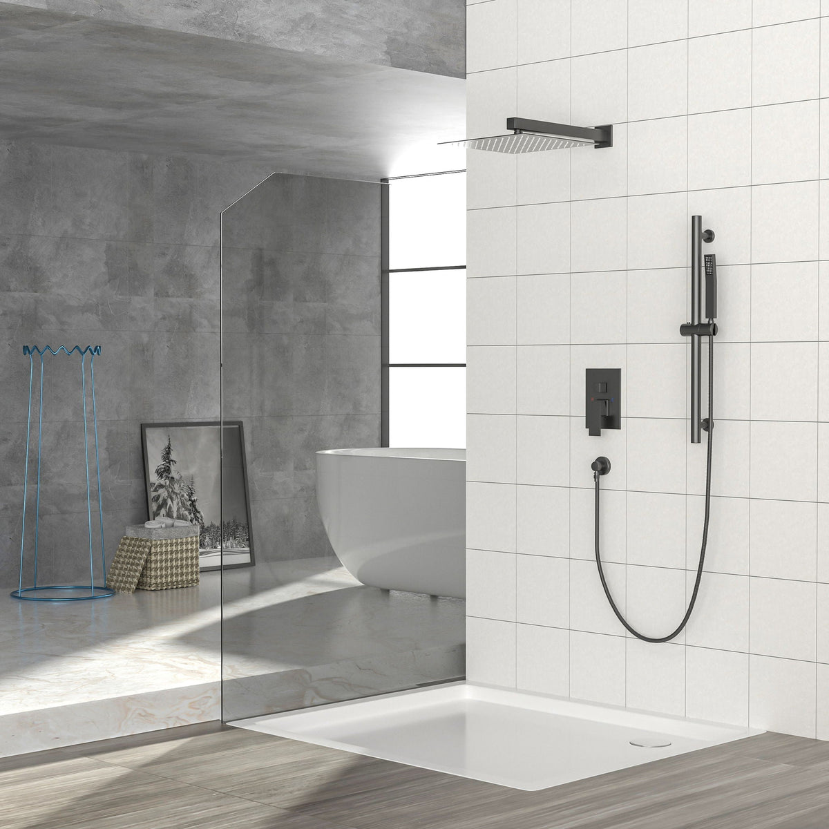 Wall Mounted Shower System with Adjustable Slide Bar - Matte Black