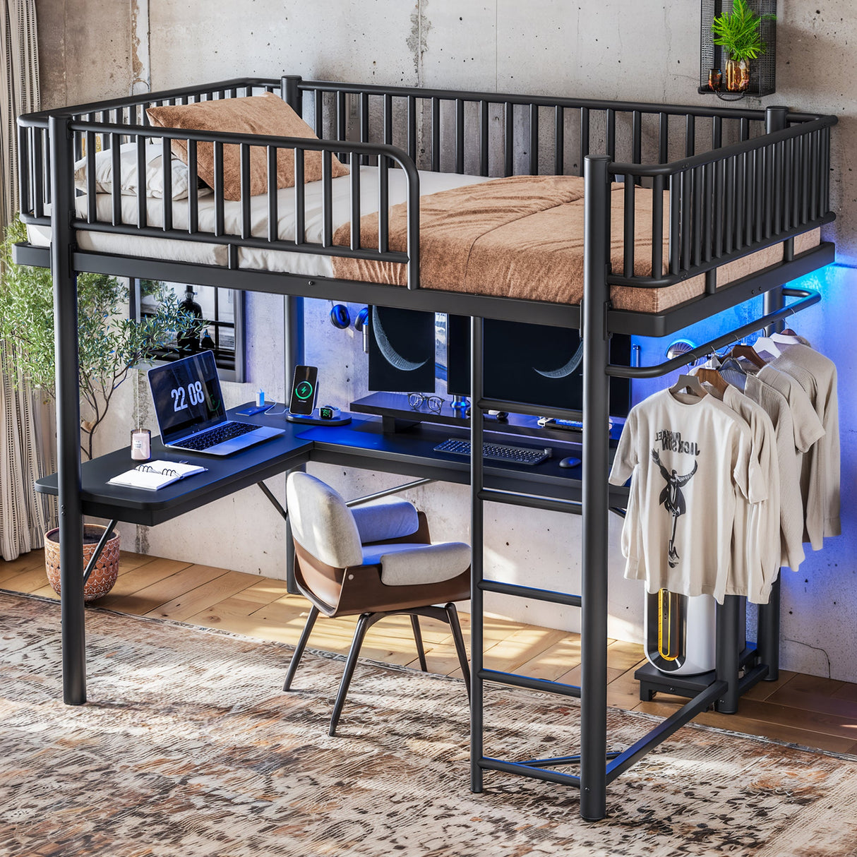 Full Loft Bed with L-Shaped Desk and LED Light Strip