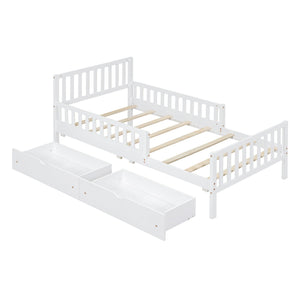 Platform Bed With Guardrails On Both Sides And 2 Storage Drawers