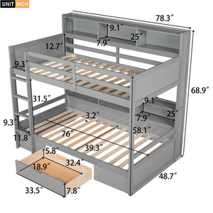Twin Size Bunk Bed With Built-In Shelves Beside Both Upper And Down Bed And Storage Drawer