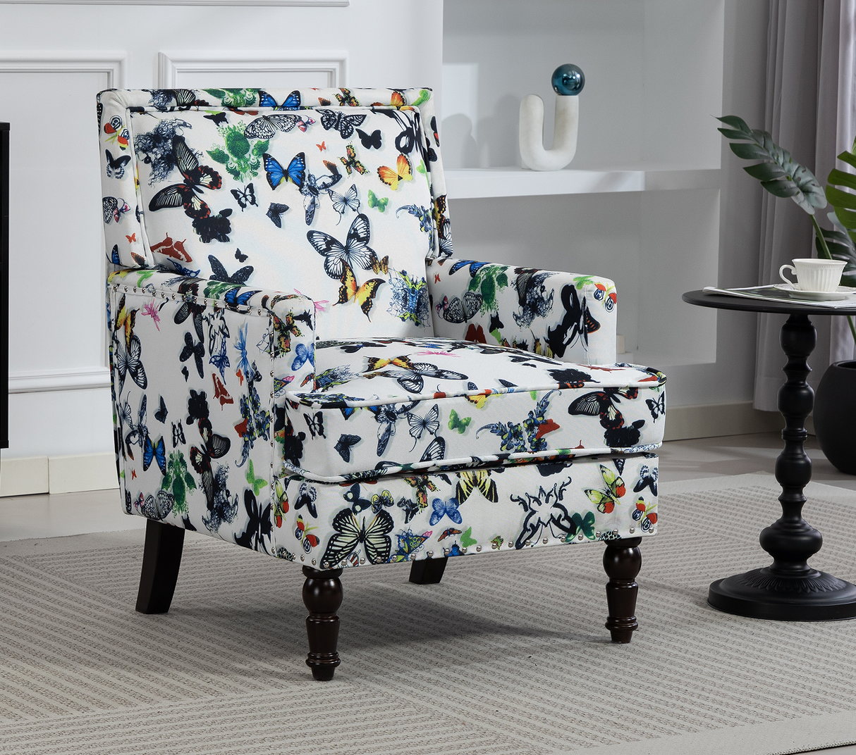 Upholstered Accent Chair - Vintage Armchair with Solid Wood Legs