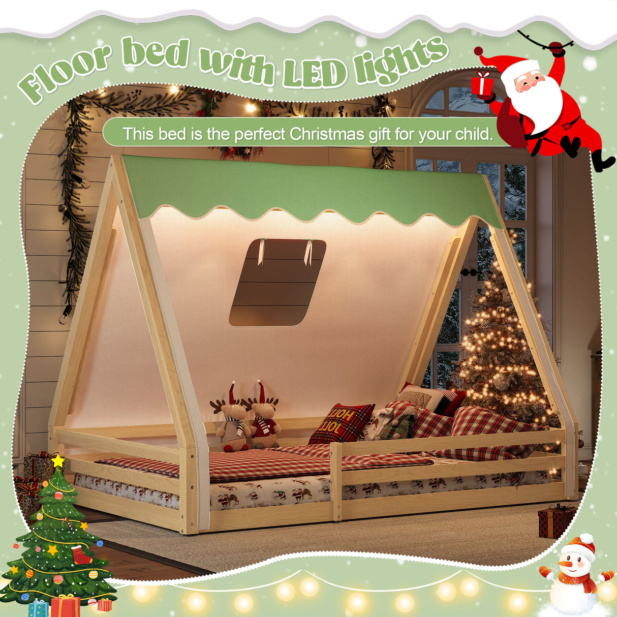 Full Size House Floor Bed with Tent and Light