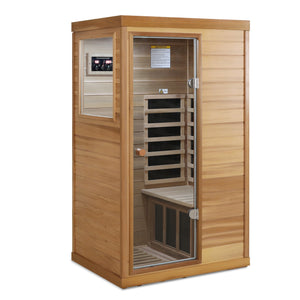 Red Cedar Mini One Person Far Infrared Indoor Sauna Room with Left Glass Door, Natural Wood & Caramel