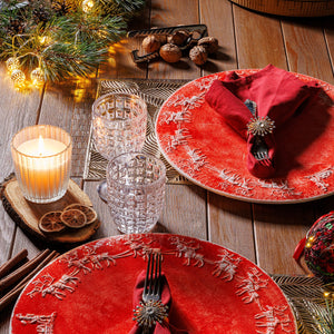 Reindeer-Cheer-14.1”-Round-Platter,-Red-with-White-Reindeer-Christmas-Design,-Made-in-Italy-Christmas-Decor