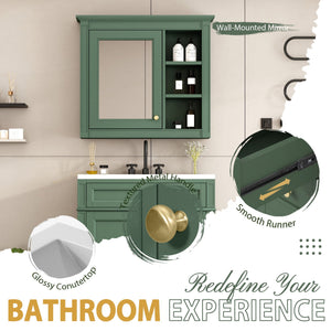Bathroom Vanity With Top Sink, Storage Cabinet With 2 Drawers And Tip Out Drawer, Freestanding Set With Mirror Cabinet