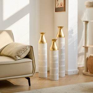 Floor Metal Vases Set of 3 - White with Gold Accents