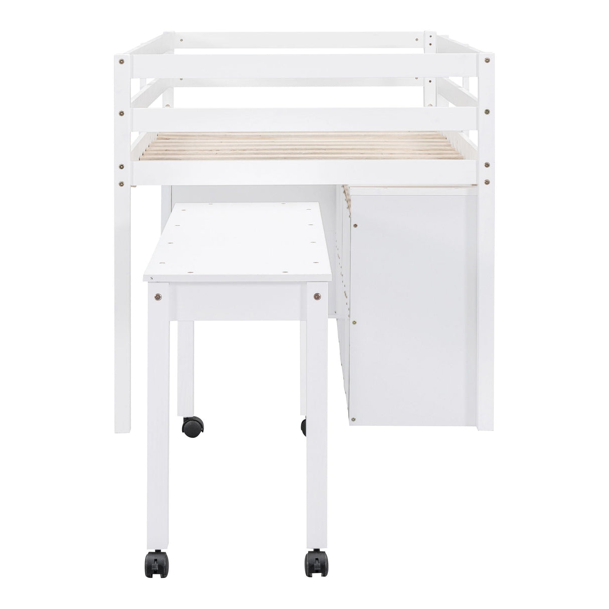 Loft Bed With Retractable Writing Desk And 4 Drawers, With Lateral Portable Desk And Shelves