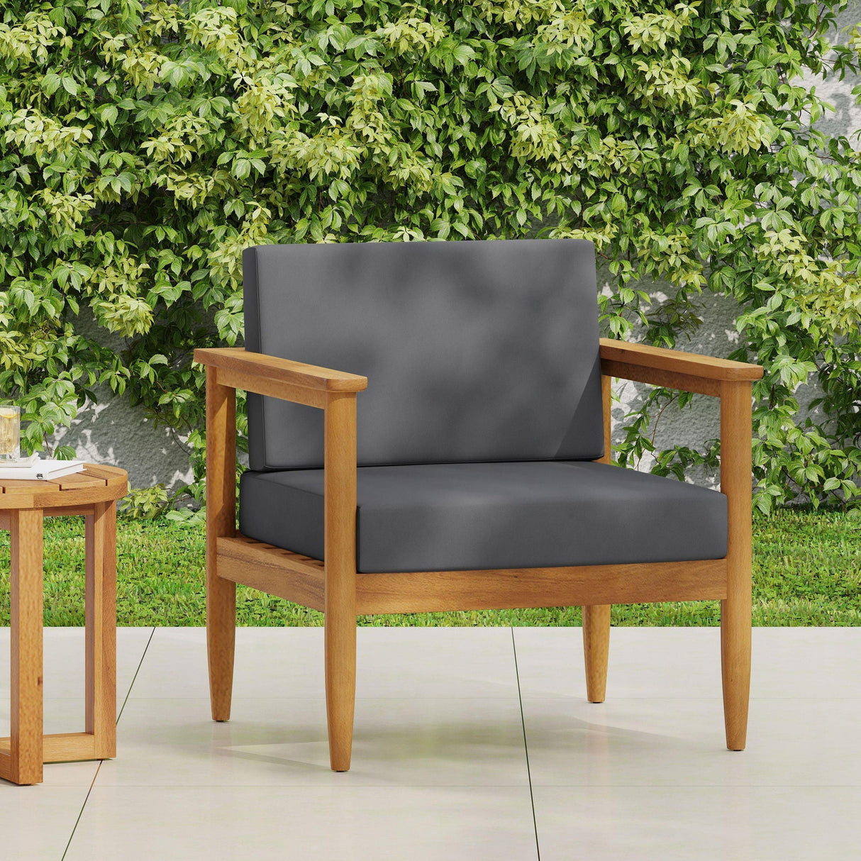 Outdoor Club Chair with Teak Acacia Wood Frame - Dark Gray