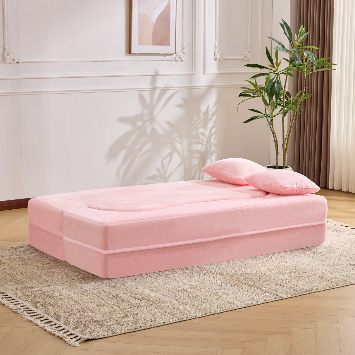 71-Inch Folding Sofa Bed in Pink Chenille with High-Density Foam
