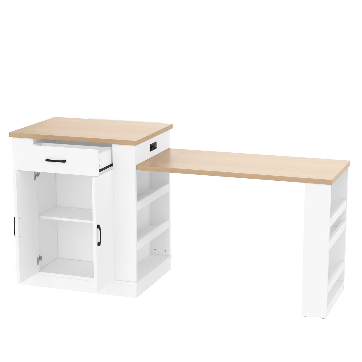 Extendable Island Console with Drawers, Double-Door Cabinet, and Open Shelving
