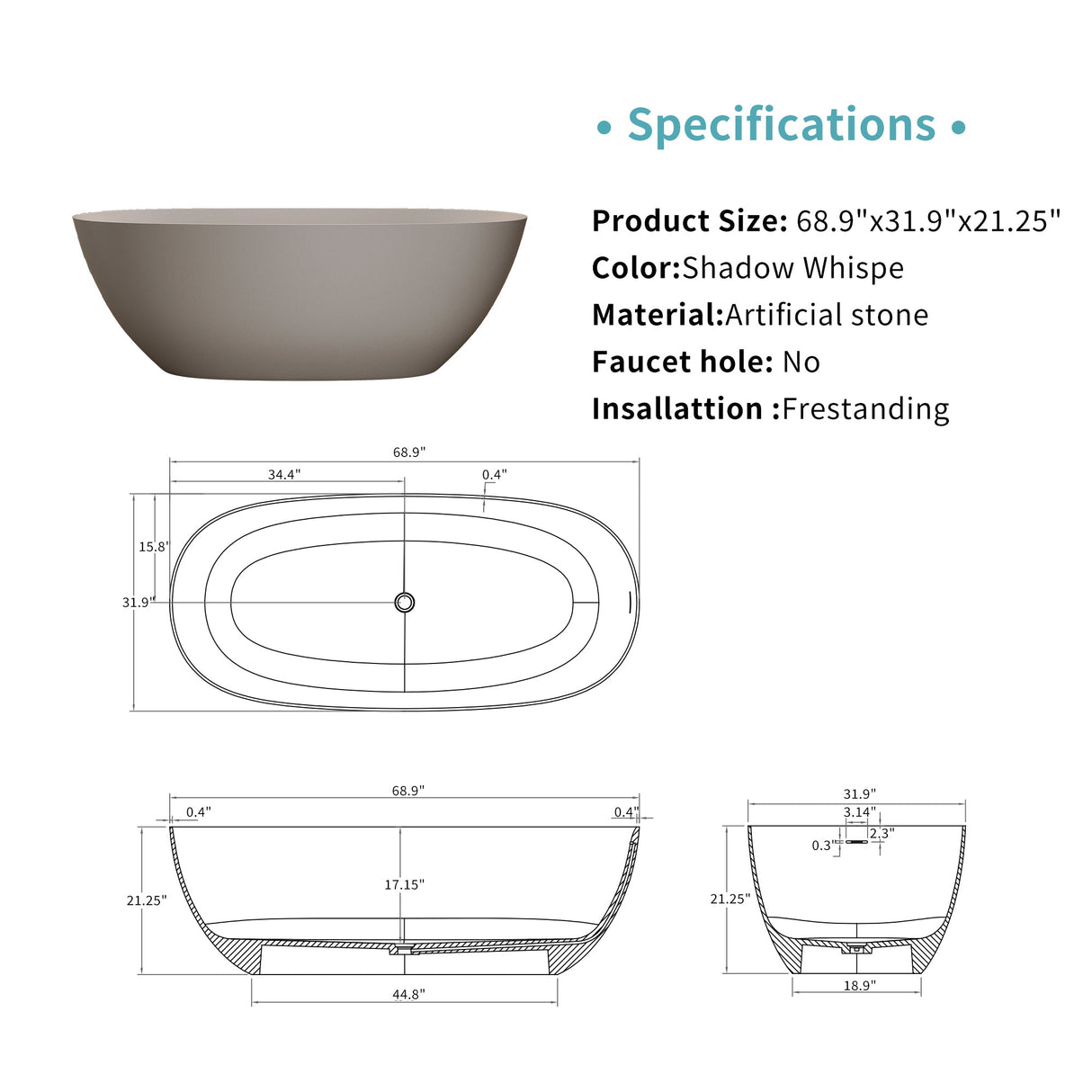 69'' Freestanding Bathtub Resin Stone Soaking Bathtub