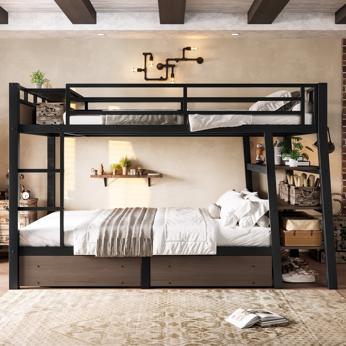 Full Size Metal Bunk Bed with Storage Shelves and USB Power Strip