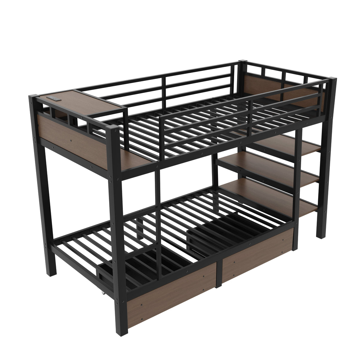 Twin Size Metal Bunk Bed with Storage Shelves, LED Light Strip, and USB Power Strip
