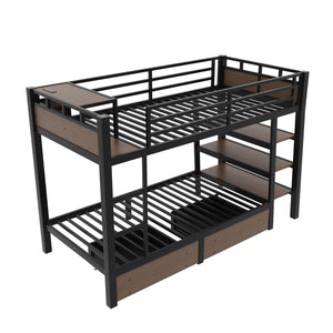 Twin Size Metal Bunk Bed with Storage Shelves, LED Light Strip, and USB Power Strip