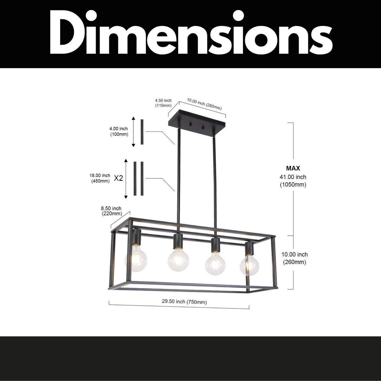 Pendant lighting 4 light industrial vintage open frame rectangle chandeliers modern black linear cage ceiling light fixture