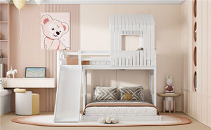 Loft Bunk Bed With Playhouse, Farmhouse, Ladder, Slide And Guardrails