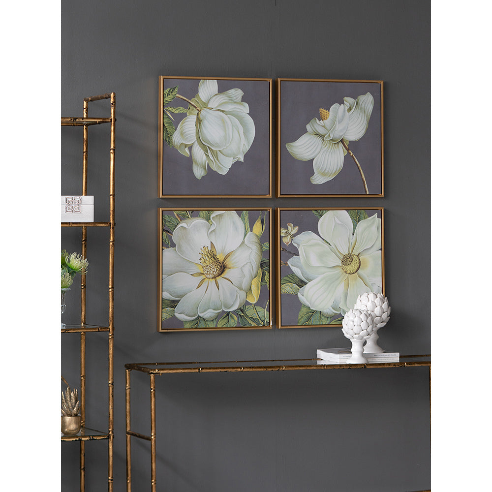 Set of 4 White and Gold Botanical Wall Art Prints, 20” x 20”