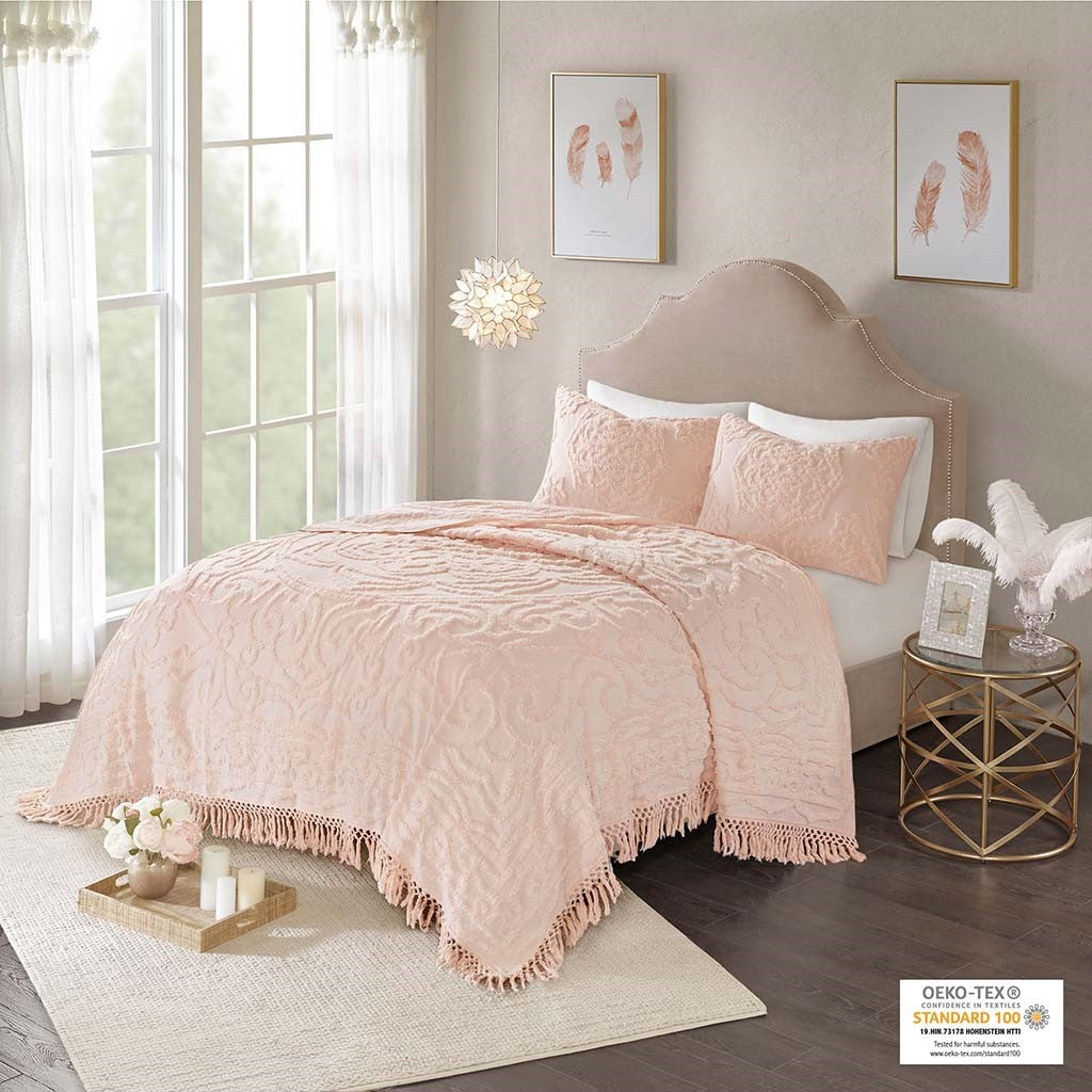 Tufted Cotton Chenille Medallion Fringe Coverlet Mini Set Blush Full/Queen