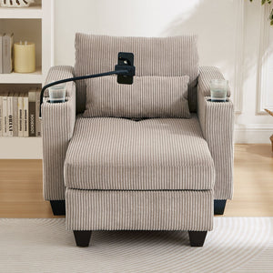 Convertible Chaise Lounge Sofa Chair With USB Ports, Cup Holders, Phone Holder And Storage