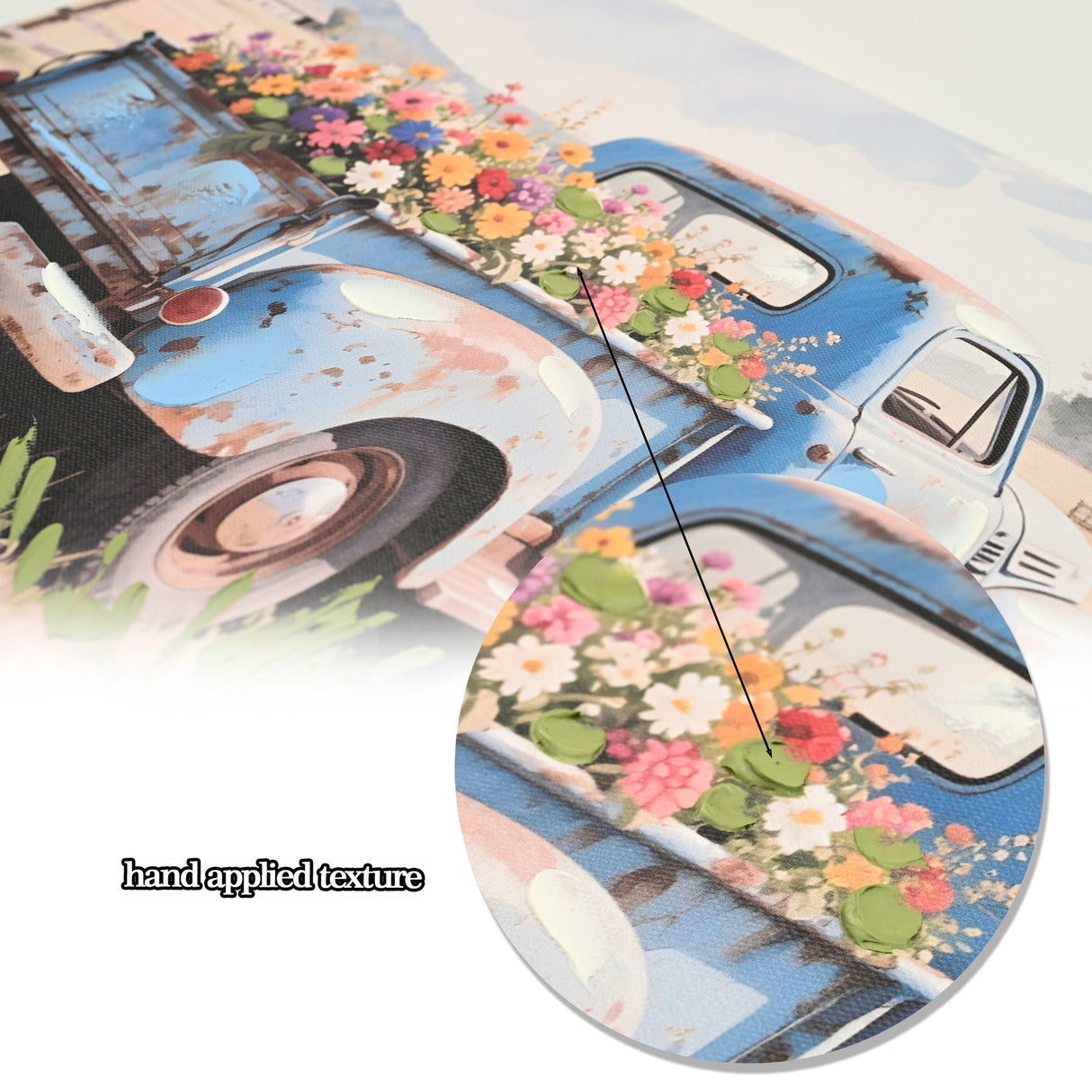 Farmhouse Old Truck Canvas Wall Art, Bloom Wall Art, Country Antique Pickup Truck Canvas Prints, Blue Truck With Red Floral Flower Art Prints for Farmhouse Spring Decor 12' Hx16' W Inches