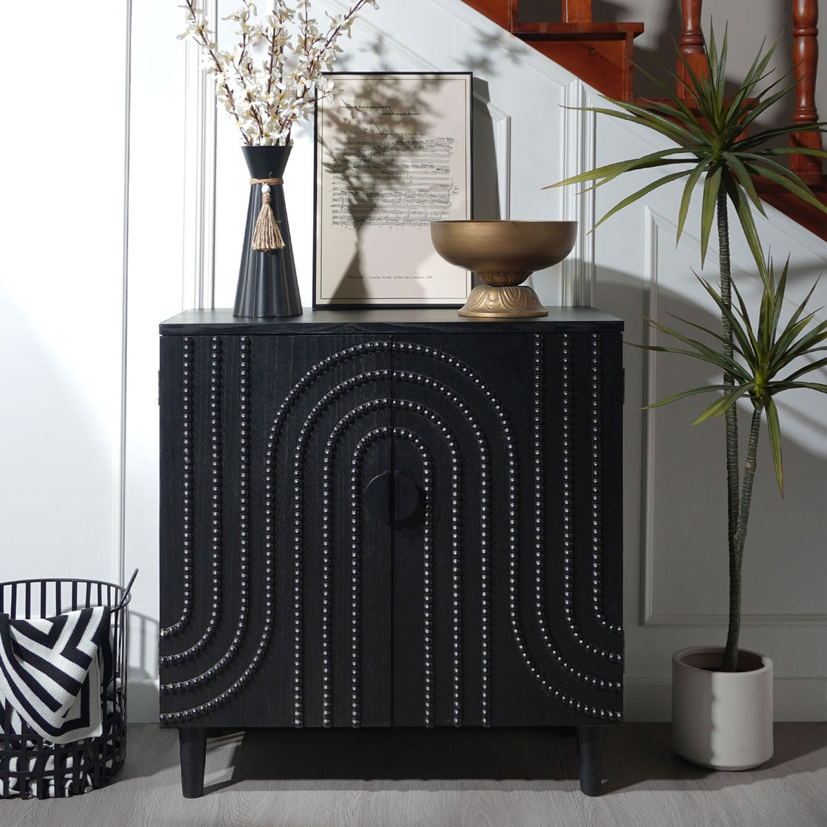 Modern Black Wood Storage Cabinet with Decorative Door, 30in Accent Sideboard for Living Room, Bedroom, or Entryway