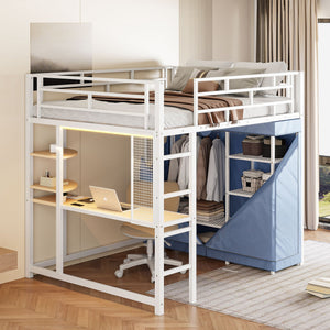 Loft Bed With Desk, Shelves, Power Outlet, LED Light And Wardrobe
