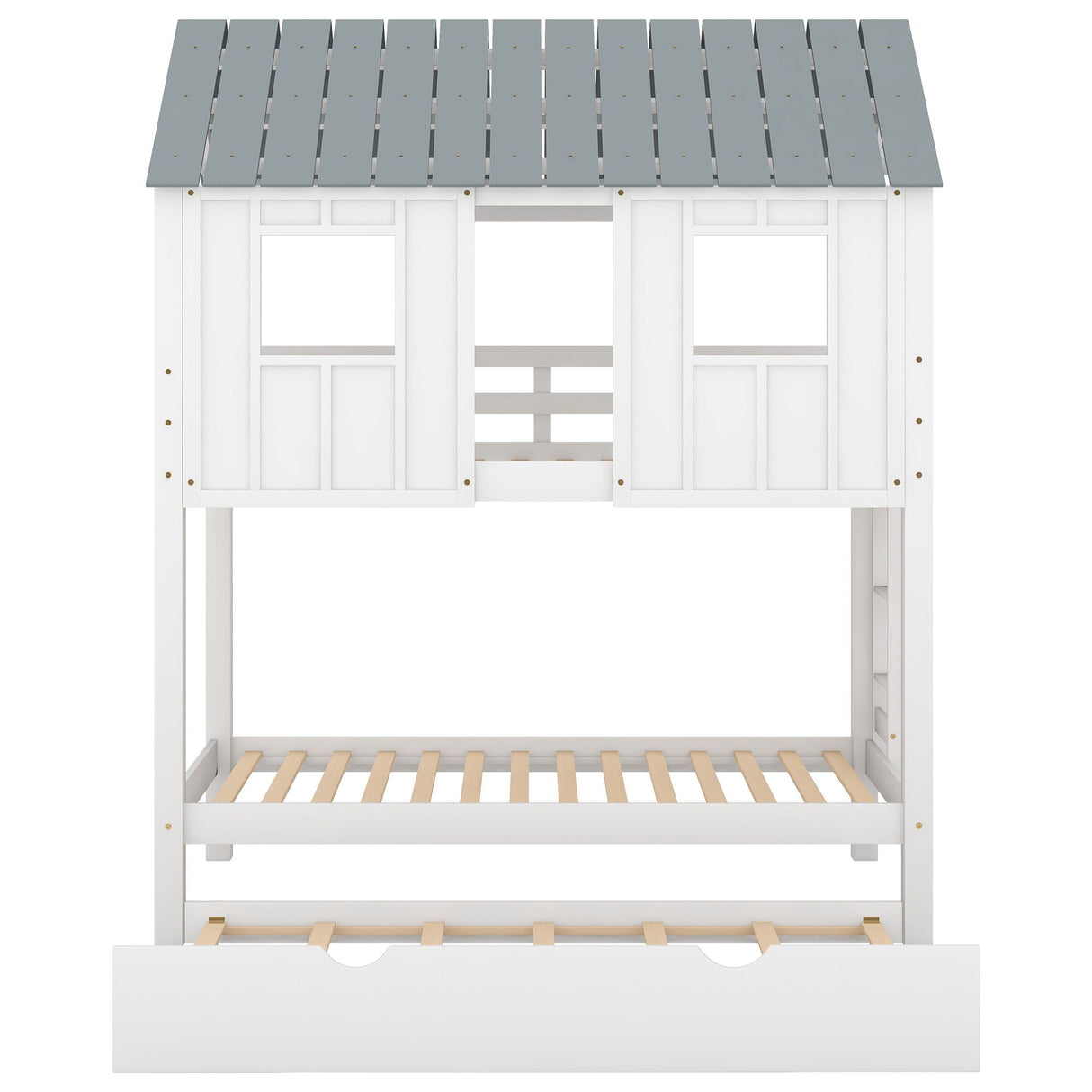 Twin Size House Bunk Bed With Trundle, Roof And Windows - White / Gray
