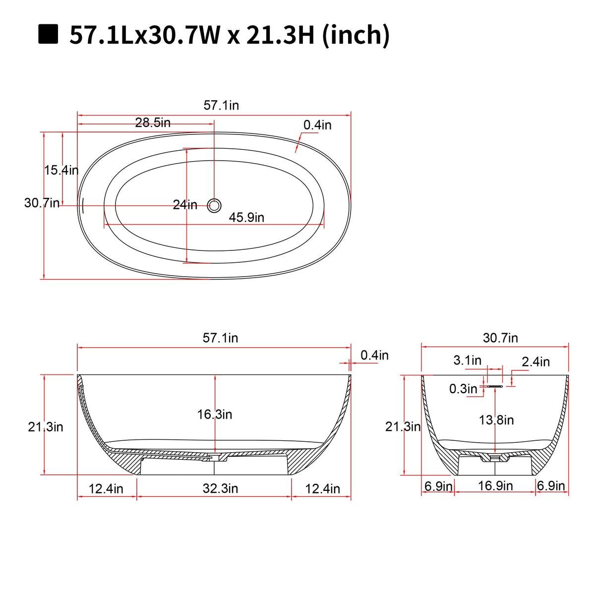 57'' Freestanding Bathtub Resin Stone Soaking Bathtub