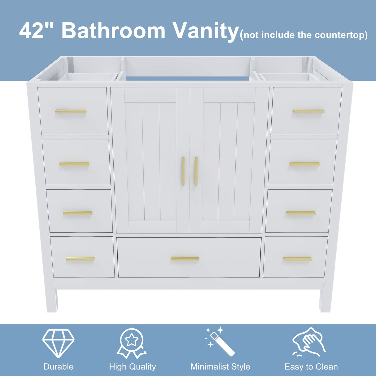 42" Bathroom Vanity Base Cabinet with 2 Soft-Close Double Doors & 9 Smooth Drawers