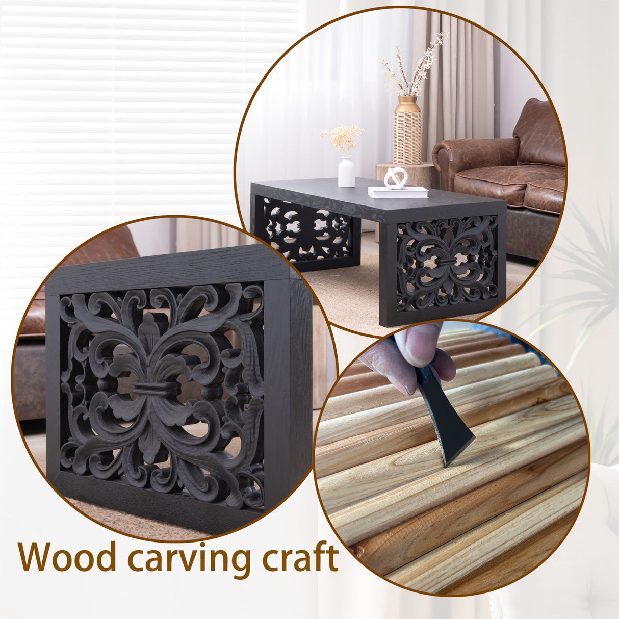 47.2' Solid Black Carved Wood Coffee Table – Handcrafted Look with Ornate Side Panels
