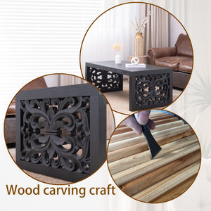 47.2' Solid Black Carved Wood Coffee Table – Handcrafted Look with Ornate Side Panels